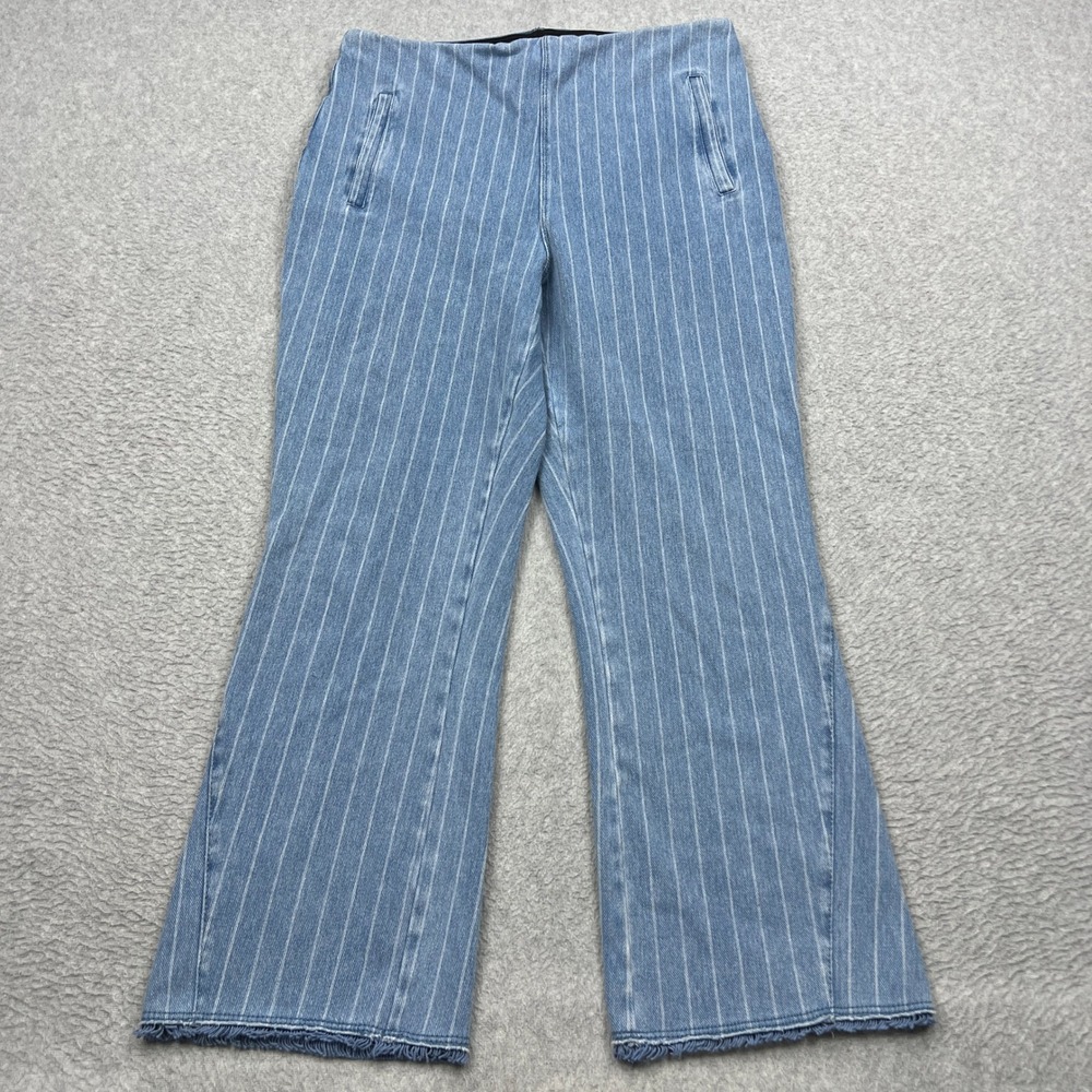 LYSSE Shelli Cropped Flare Jeans Women Large Blue Stripe Denim Pinstripe Raw Hem